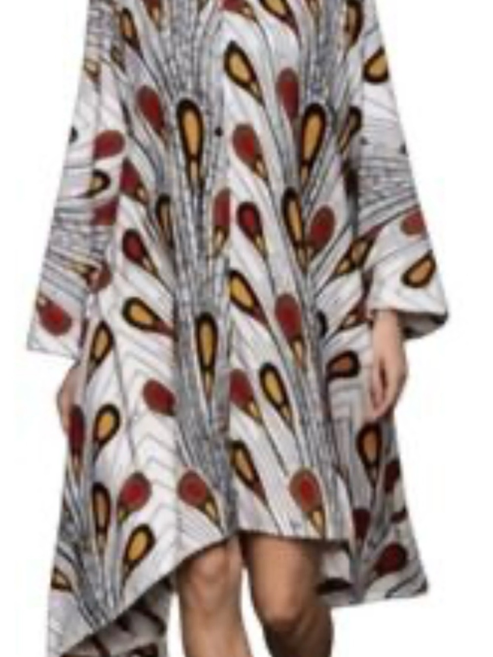 Bohemian High-Low Shirt-Midi Dress in White with Red & Yellow Peacock Print